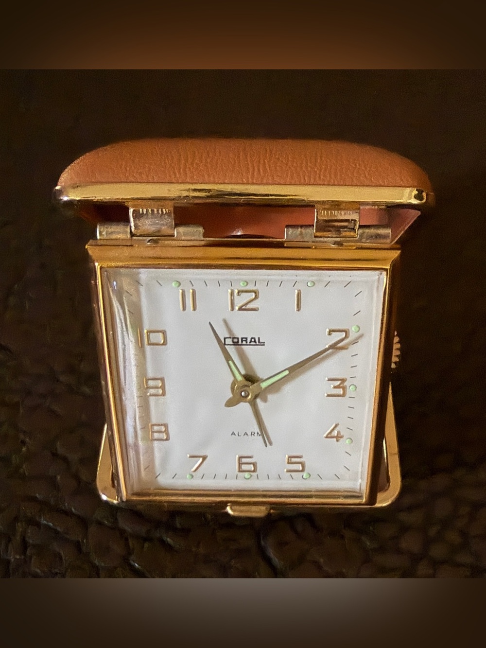 European Vintage’s Corral Gold-Tone Travel Alarm Clock with Brown Cover